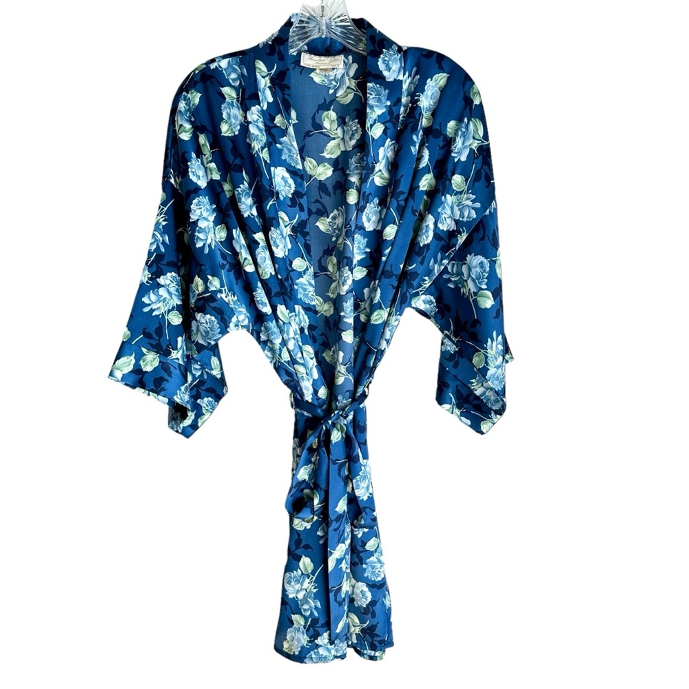 Kristine Tyler Intimates New York Paris Blue Green Floral Print Robe with Belt